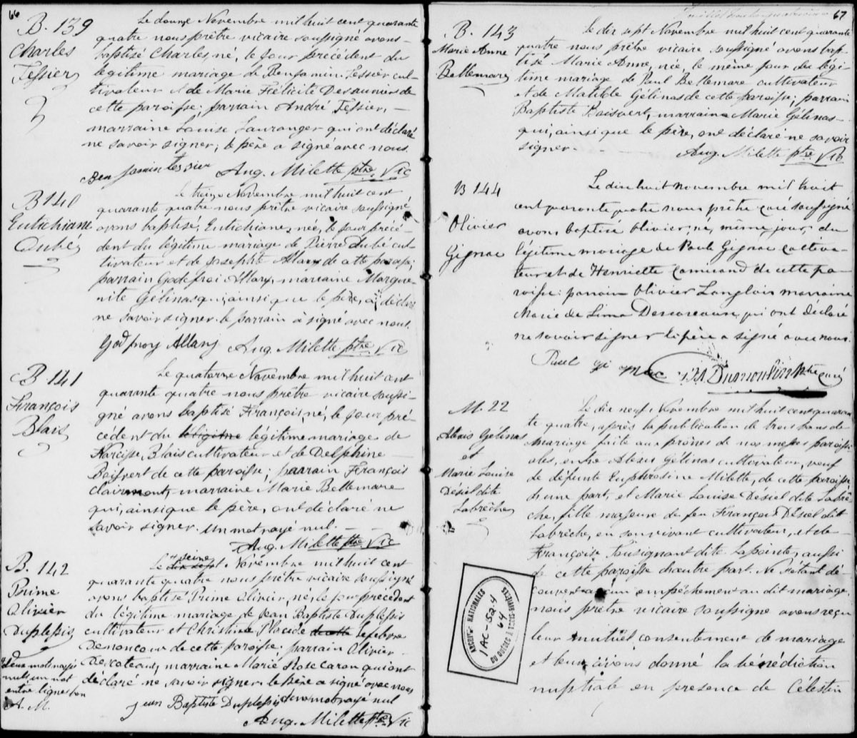 Original 1844 Sainte-Anne-d’Yamachiche baptism page containing entry B.142 for Prime Olivier Duplessis